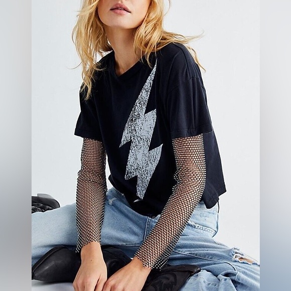 Free People Tops - Free People Vintage Souls Lightening Bolt Rhinestone Filter Finish sleeves Tee